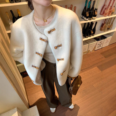 诗美【国风云纱】全羊毛复合皮毛一体短款羊羔毛羊剪绒皮草外套女