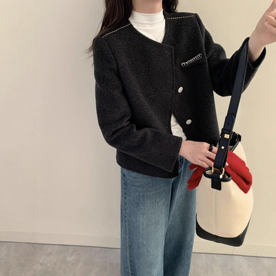 诗美正肩小香风双面羊毛大衣 短款小个子加厚保暖通勤羊绒毛呢