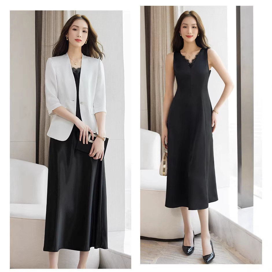 亚麻小西装外套女夏季薄款2026新款气质小个子七分袖无领吊带长裙
