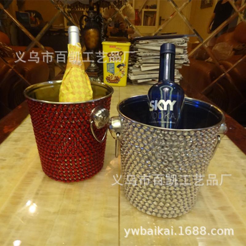 新款直销跨境亚马逊.餐饮酒吧不锈钢冰桶.家用冰桶镶钻工艺双耳红