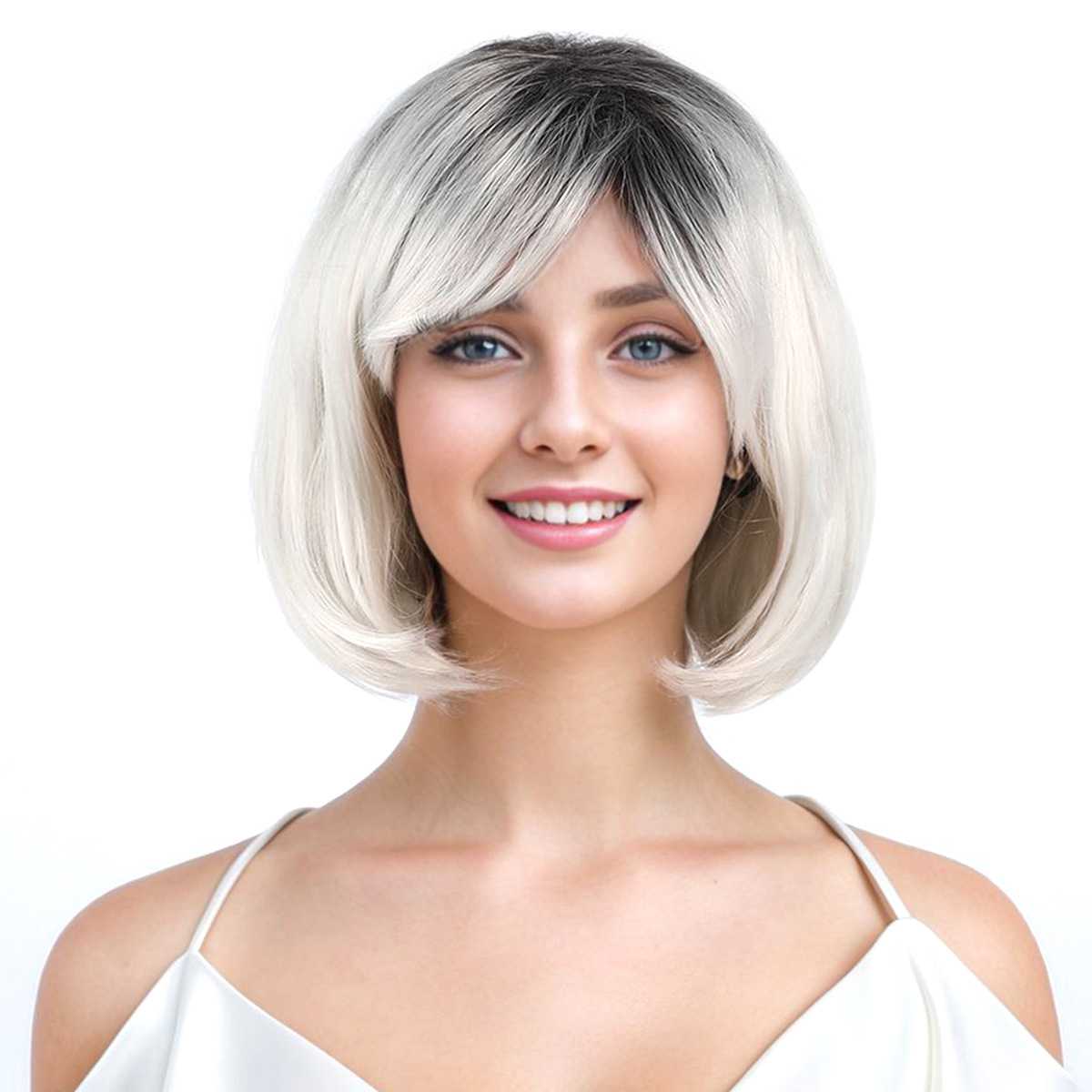 新款直销假发女新款网红收脸短发直发 渐变银仿真头皮自然bobo发