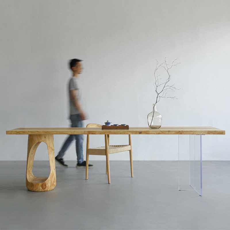 新款直销诧寂风白蜡木双拼工作台办公桌日式亚克力悬浮餐桌民宿原,住宅家具,实木餐桌,淘宝优惠券,粉丝福利购,淘宝优惠卷