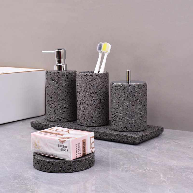 新款直销黑洞石卫浴套装火山石浴室用品组合陈列摆件收纳架洗漱台