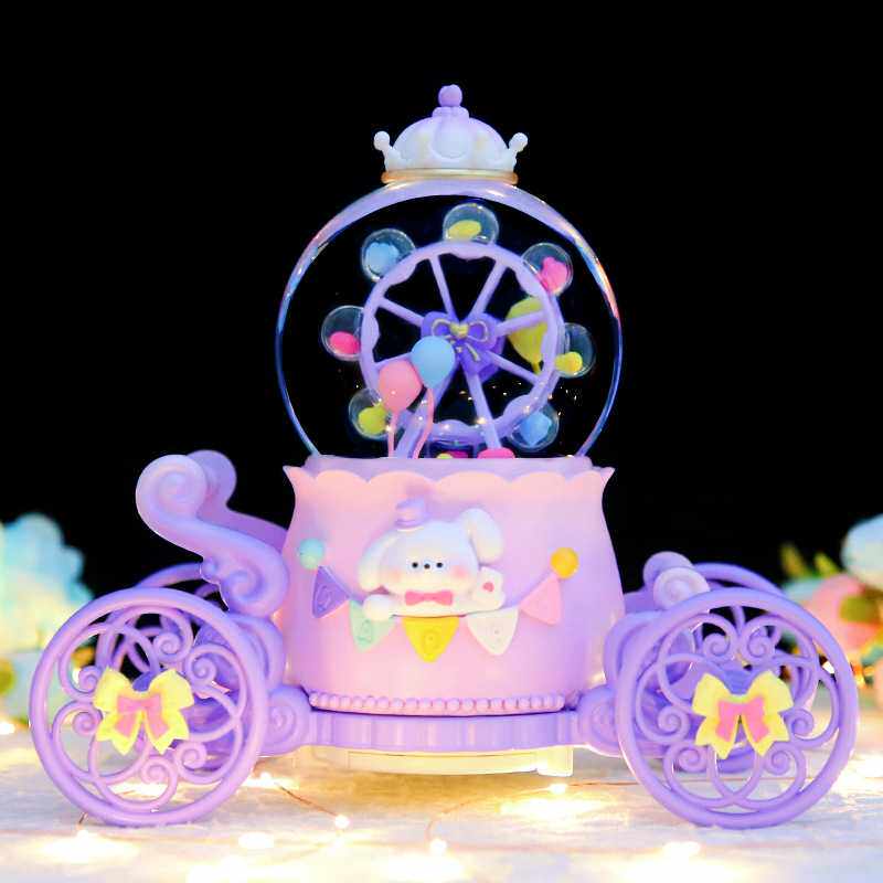 新款直销摩天轮马车旋转水晶球八音盒飘雪女孩生日礼物儿童音乐摆