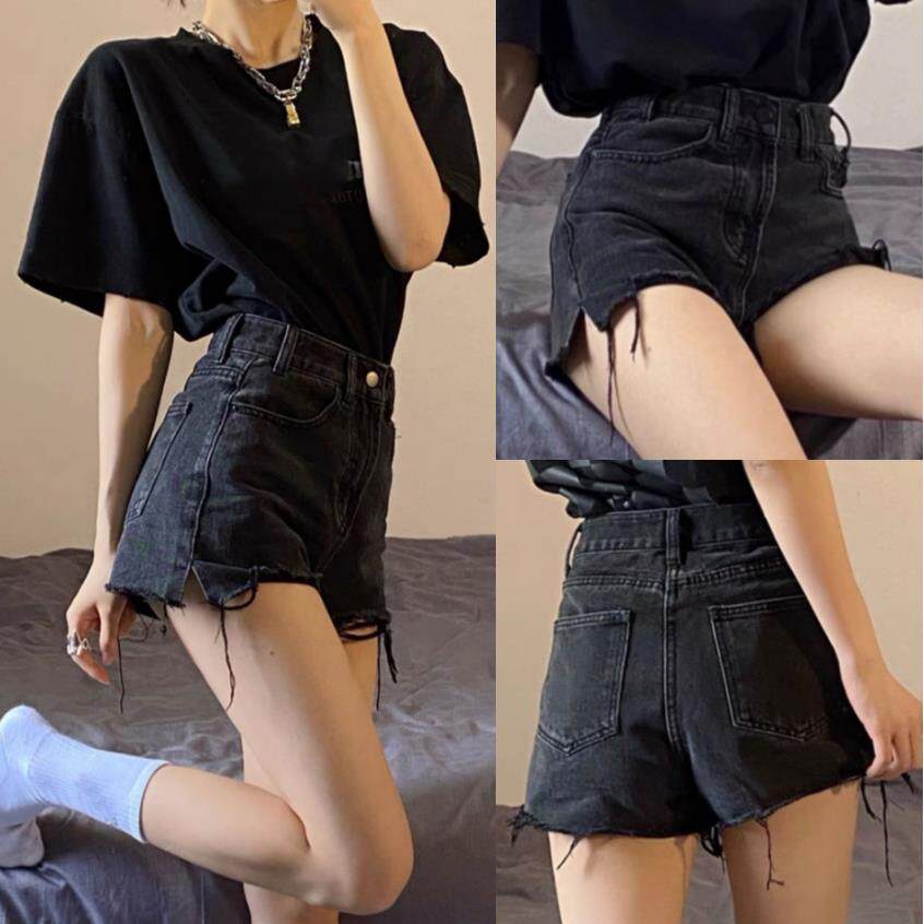 韩版显瘦阔腿热裤2024夏季烟灰色薄款高腰A字毛边ins牛仔短裤女