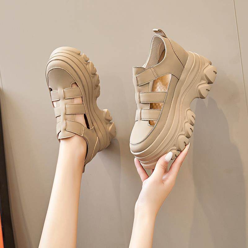 夏季真皮松糕超厚底凉鞋女2025新款网红包头高跟运动镂空老爹鞋女