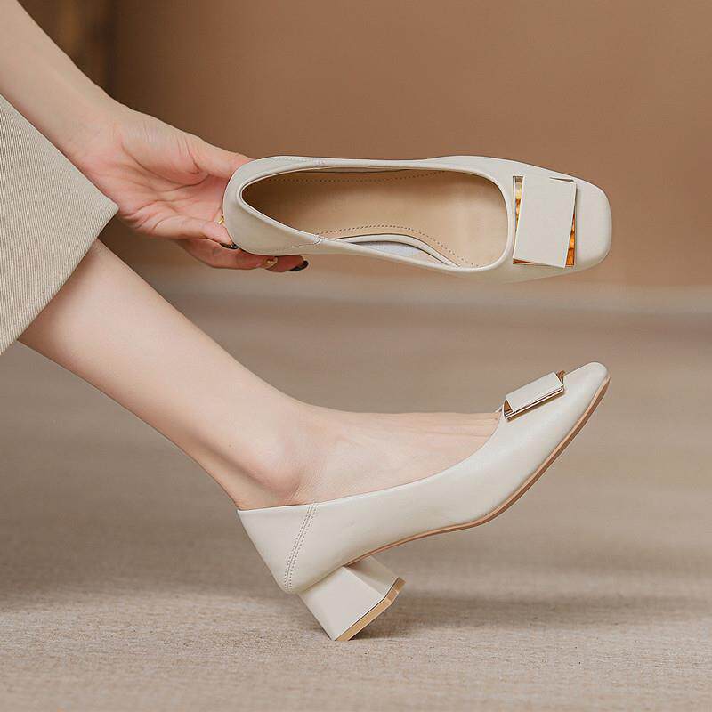 真皮方头高跟鞋女2025春夏季新款浅口中跟法式软皮工作鞋粗跟单鞋