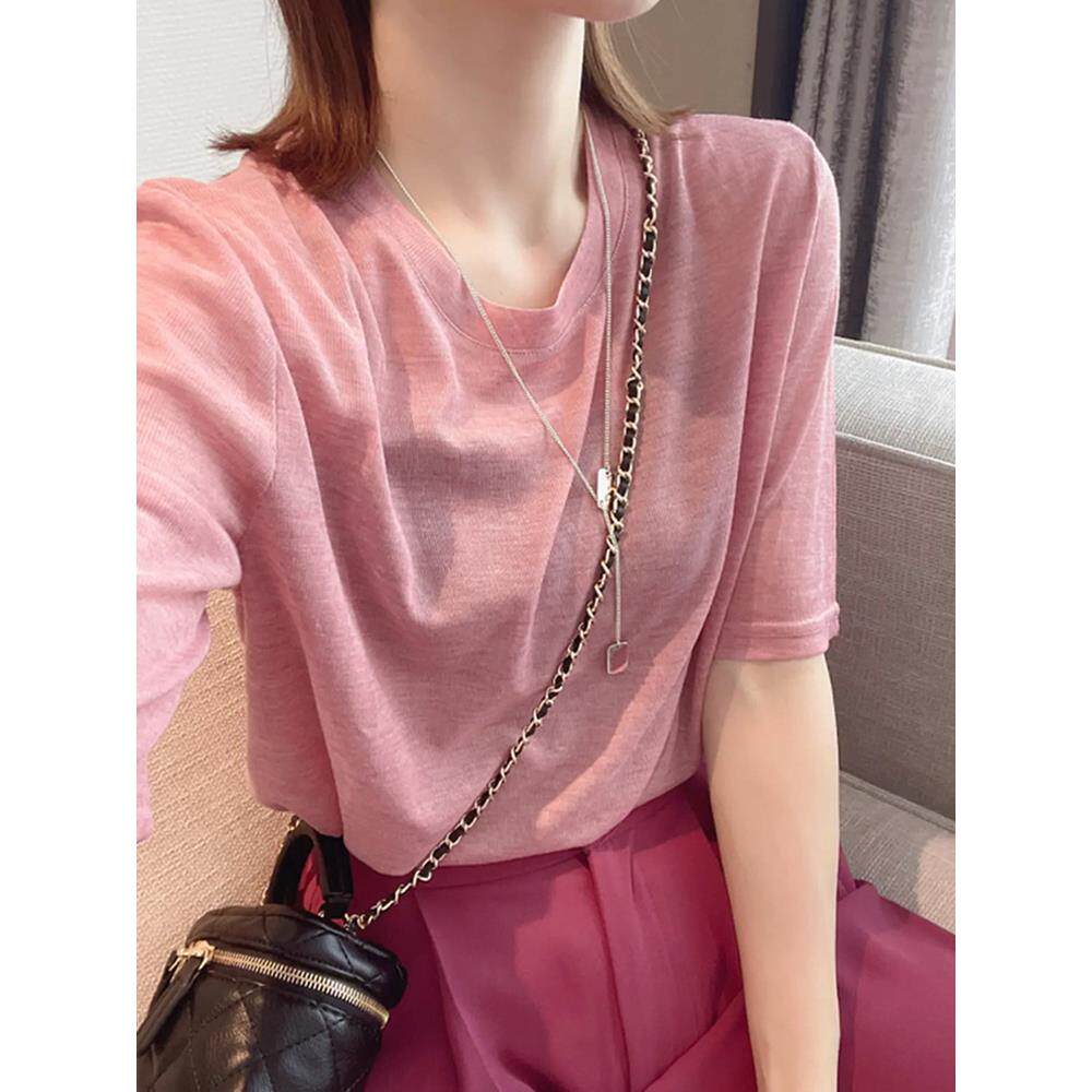 面膜短袖t恤女夏季薄款微透打底衫宽松显瘦纯色圆领半袖体恤上衣