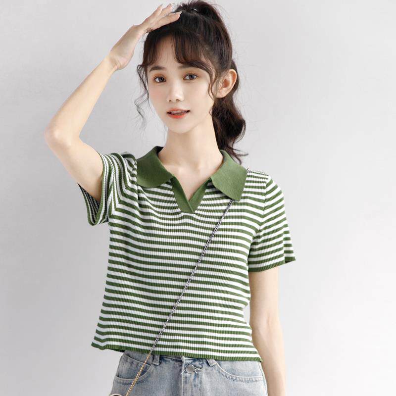 韩国2025夏季新款polo领冰丝针织衫短袖t恤女夏韩版短款条纹上衣