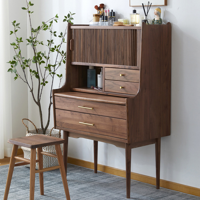 北欧黑胡桃木现代樱桃木化妆桌简约型白橡木收纳梳妆桌原木化妆台