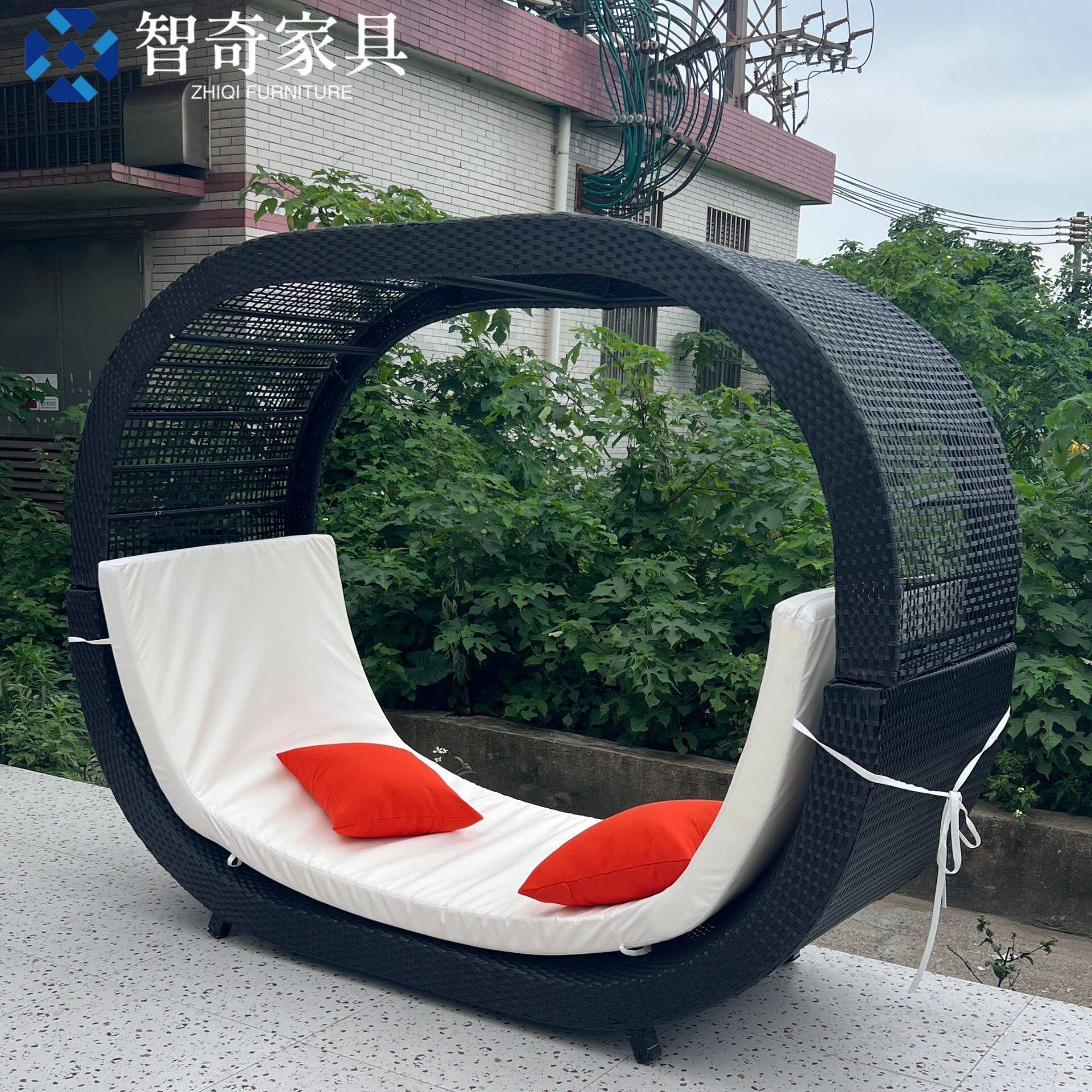 户外躺椅沙滩躺床编藤休闲藤椅游泳池阳台圆形露台庭院午休床家具