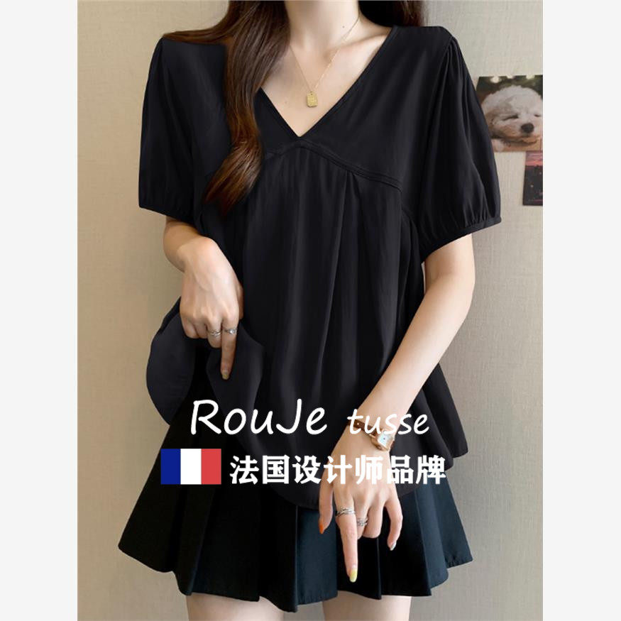 法国Rouje tusse大码女装遮肚子荷叶边正肩V领衬衫女夏季显瘦上衣