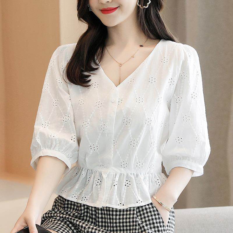 欧洲站白色衬衫女高级感轻奢2024新款春夏季纯棉绣花镂空V领上衣