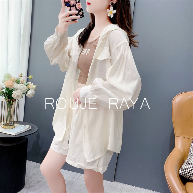 Rouje Raya法式夏季防晒衬衫女薄款设计感吊带背心高腰短裤三件套