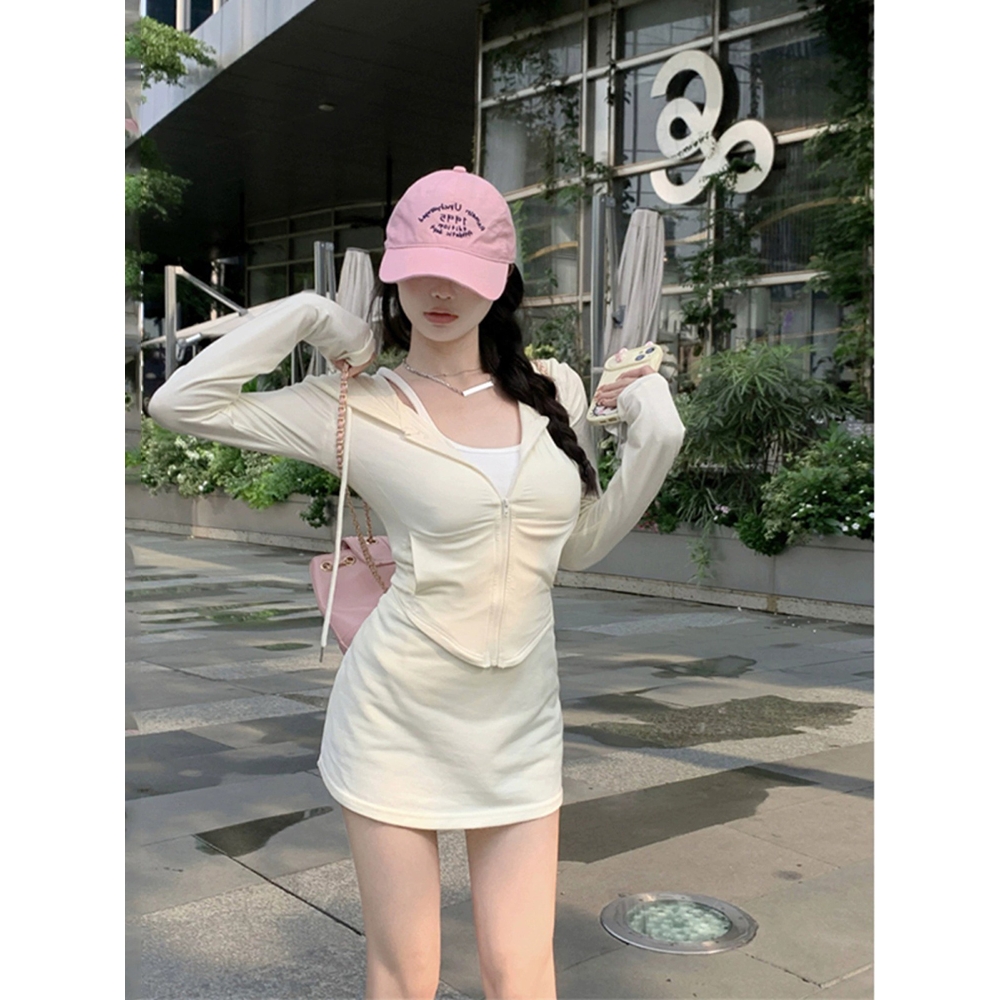 运动辣妹连帽长袖防晒上衣包臀短裙女夏季2024新款纯欲风时尚套装