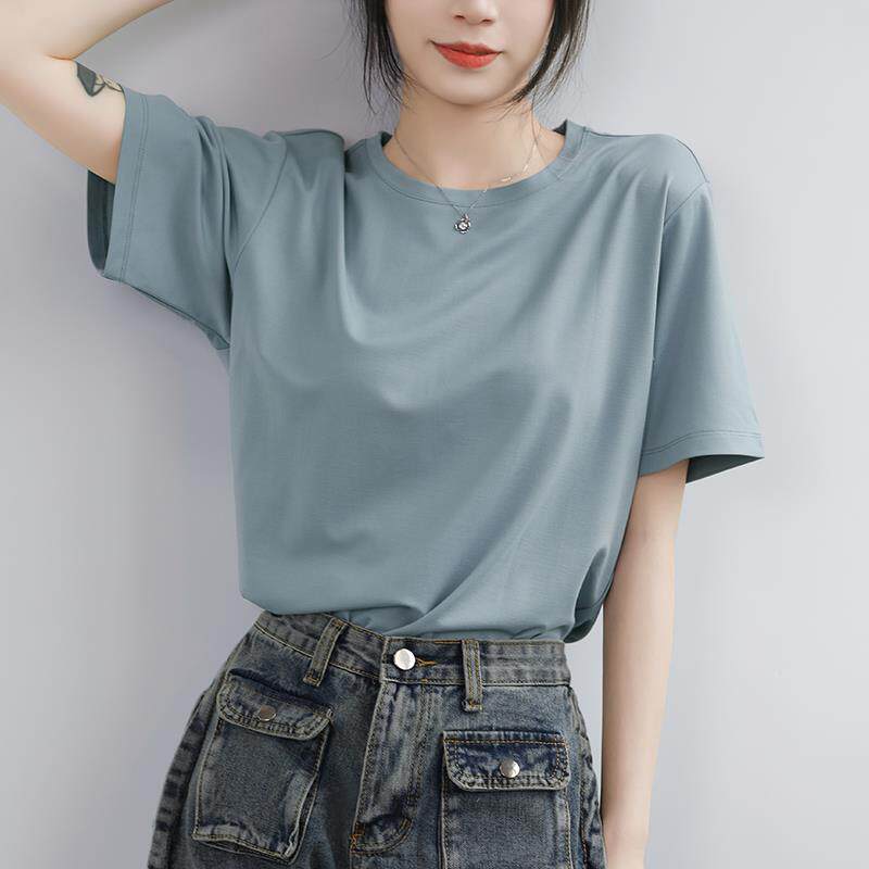 韩国雾霾蓝色宽松正肩纯棉短袖t恤女夏季落肩半袖体恤小个子上衣