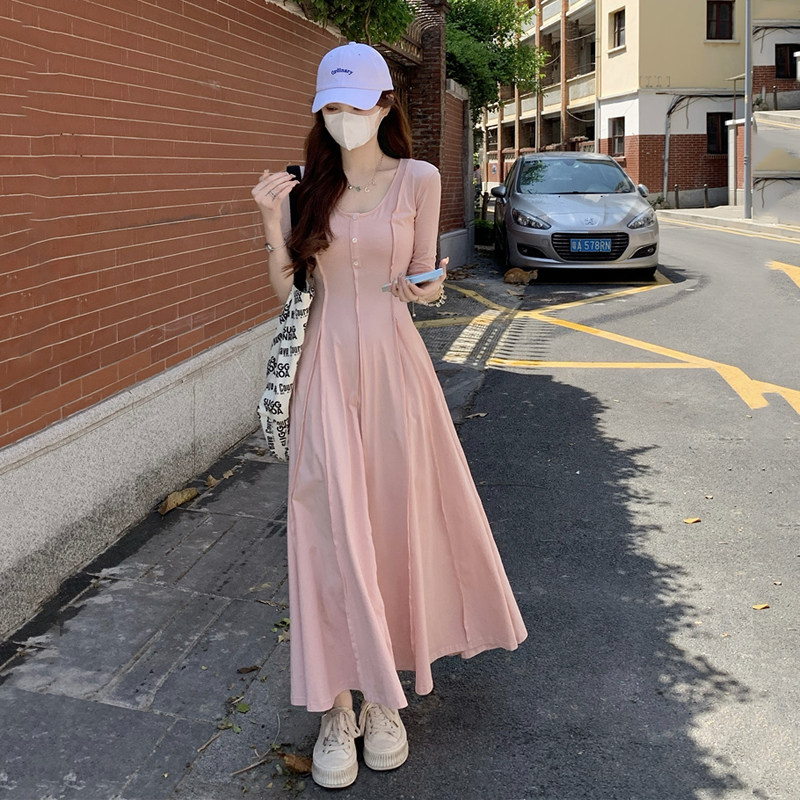 韩国2025夏新款收腰显瘦粉色甜美初恋连衣裙女短袖小个子过膝长裙