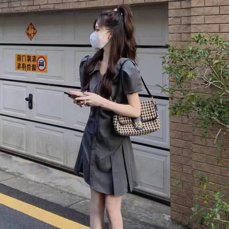 欧洲站夏季新款法式复古高级感a字裙收腰小个子灰色衬衫连衣裙女
