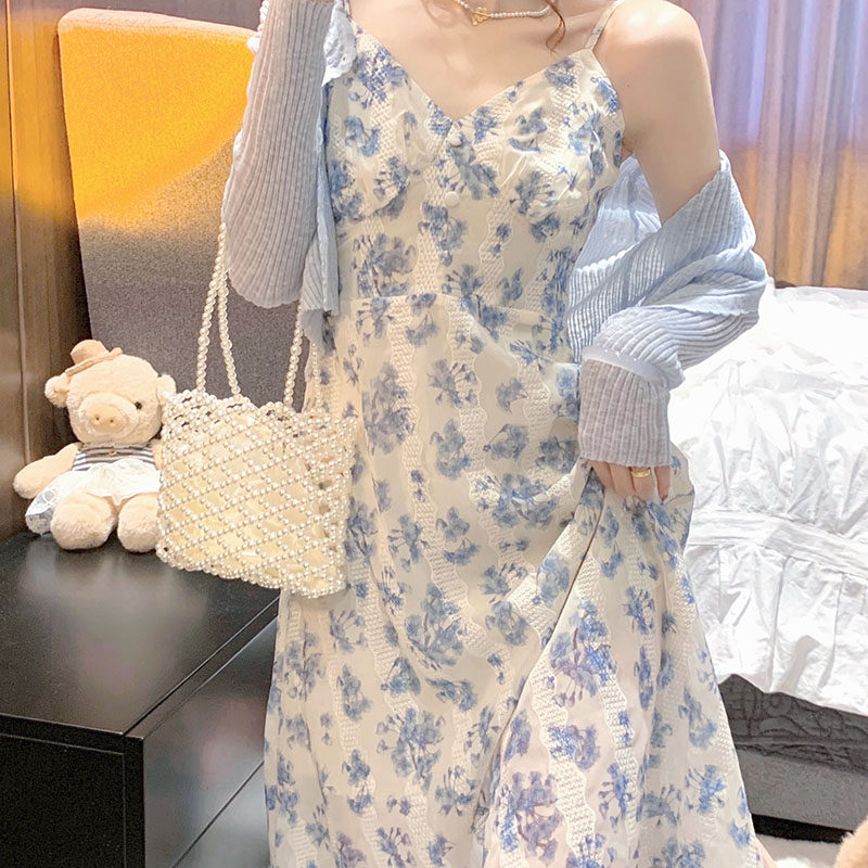 欧洲站女春夏时髦蓝色碎花吊带长裙开衫小个子雪纺连衣裙两件套装