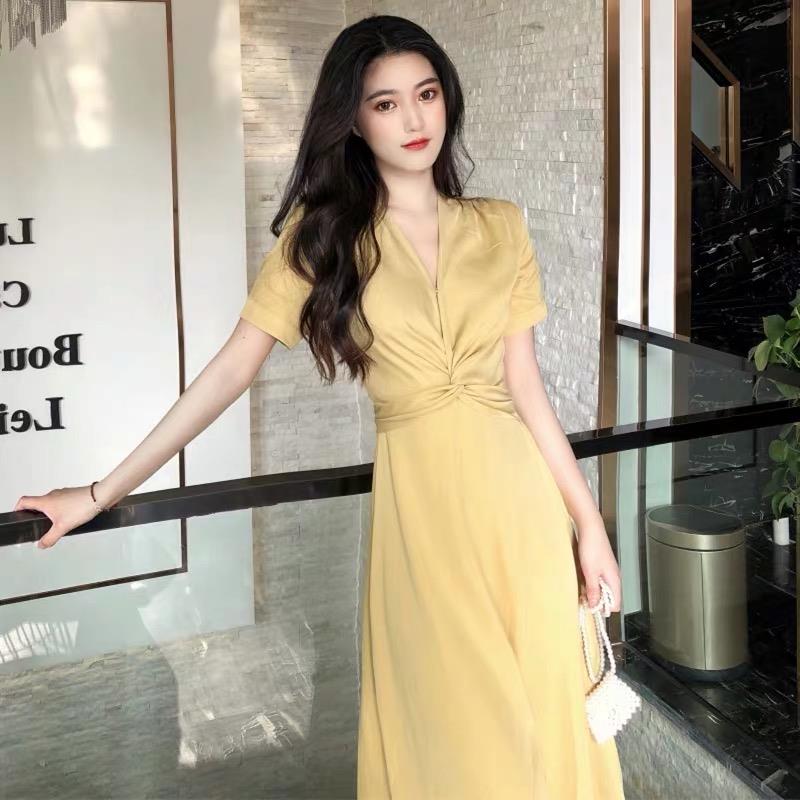 韩国专柜2025春夏款法式小香复古风中长款连衣裙收腰显瘦绸面长裙