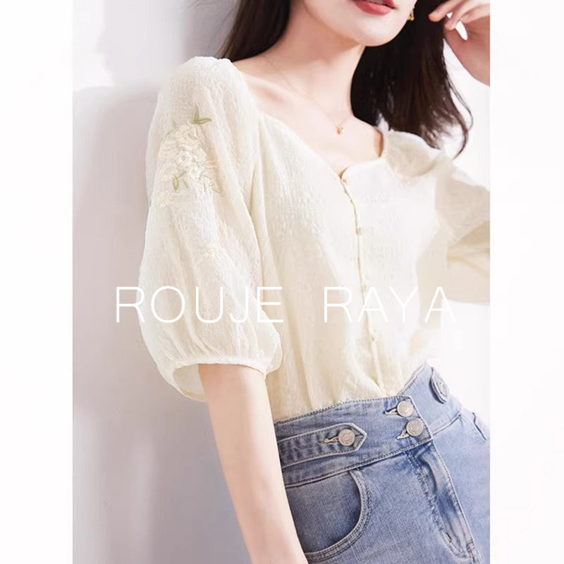 法国Rouje Raya法式雪纺衬衫女夏季方领泡泡袖衬衣设计感小众上衣