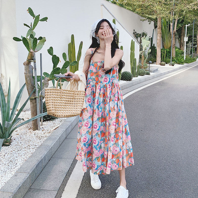 欧洲站女夏季粉色碎花吊带裙开衫套装小个子减龄大摆沙滩裙两件套