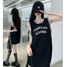 夏季甜酷复古美式篮球运动背心女宽松薄款显瘦无袖中长款上衣ins