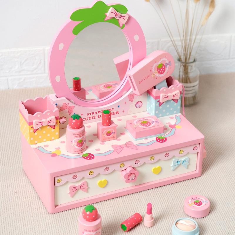 儿童仿真木制彩色梳妆台公主化妆桌女孩收纳首饰盒过家家玩具木质