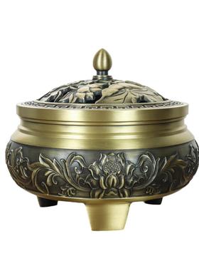 黄铜荷花三足香炉黄铜精雕铜摆件莲花神话家用香道沉香安神盘香炉