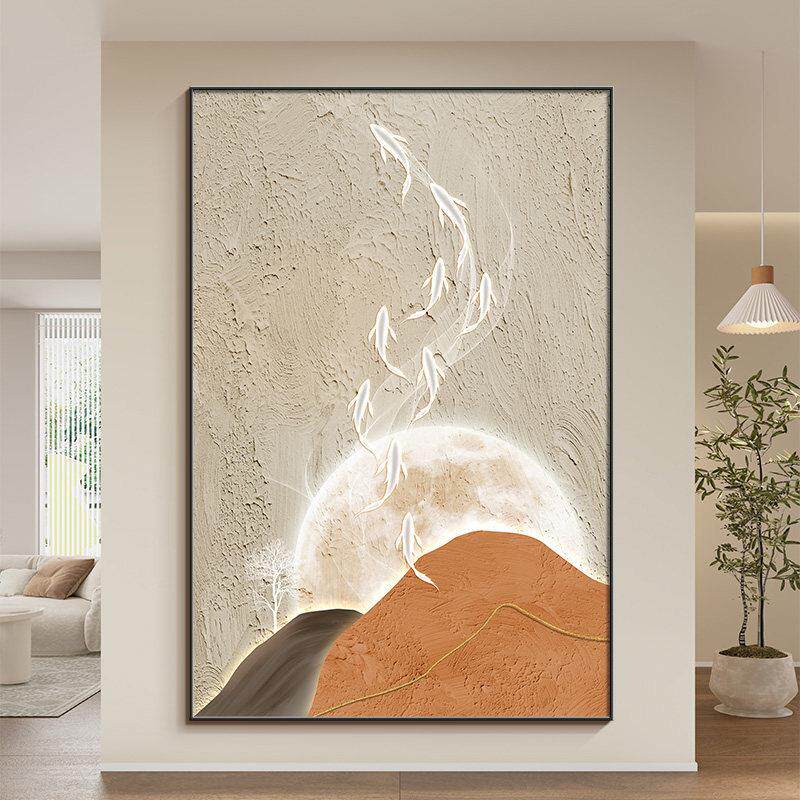 手绘油画鱼图客厅挂画沙发背景墙现代简约玄关装饰画侘寂风壁画