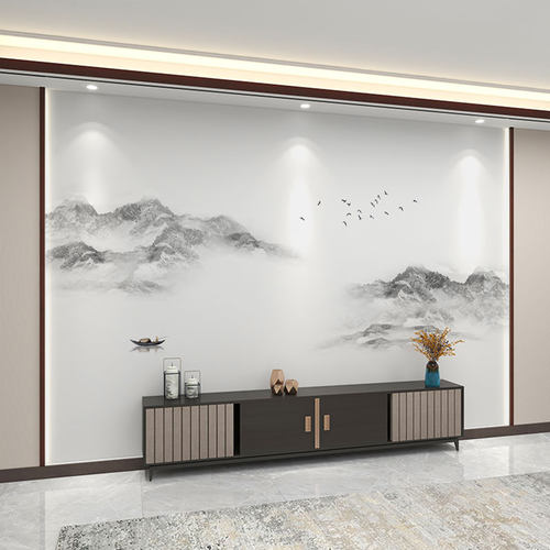 电视背景墙壁纸新中式客厅墙布黑白山水2023新款壁布墙纸装饰壁画
