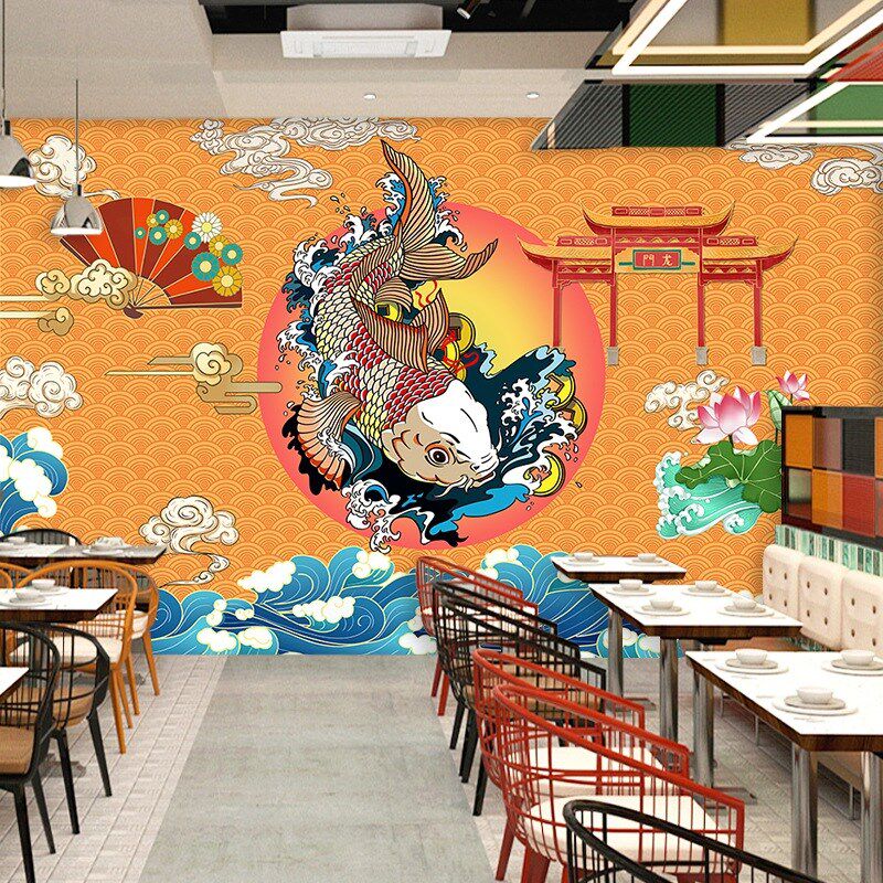 国潮风烤鱼店背景墙纸店铺装饰无缝墙面壁画酸辣鱼水煮鱼火锅壁纸