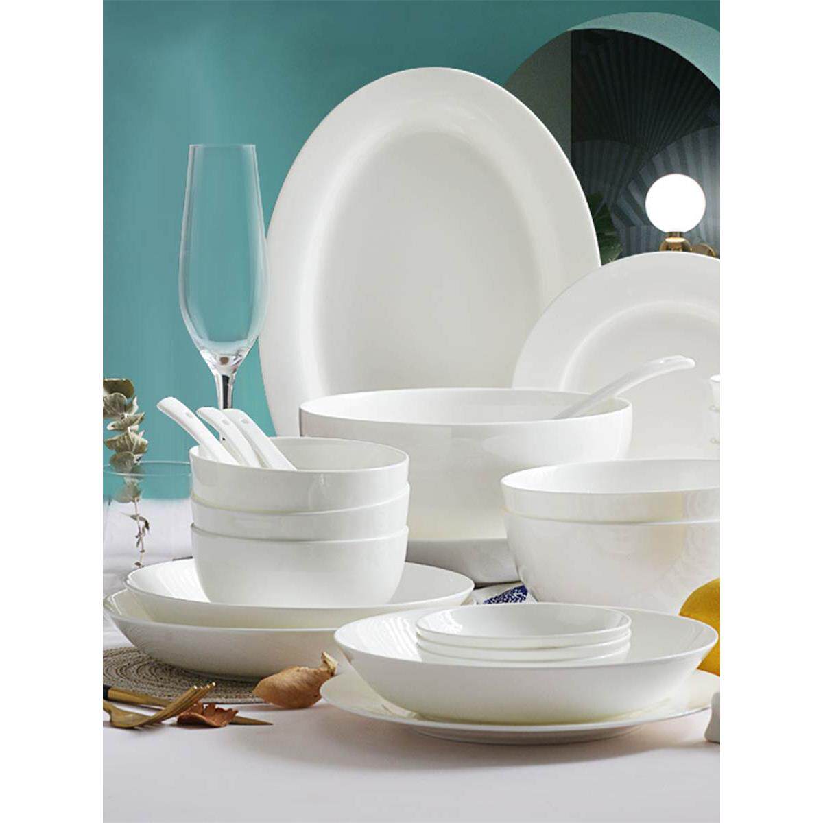 优级纯白无铅骨质瓷餐具碗碟套装中式饭盘圆形家用简约釉下彩陶瓷