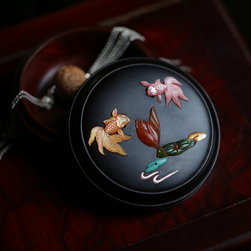 连年有余印度小叶紫檀木首饰盒胭脂盒百宝嵌红木珠宝箱收纳盒7141