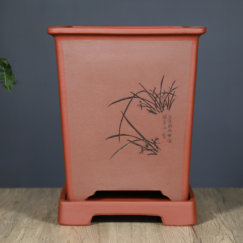 紫砂花盆阳台庭院特大植物四方盆景盆室内客厅创意刻绘榕树老桩盆