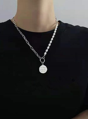 Letters round card pearl stitching chain necklace in men and