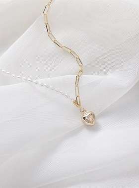 气质简约条立体质感爱心项链女一半珍珠一半链个性时尚法式锁骨链