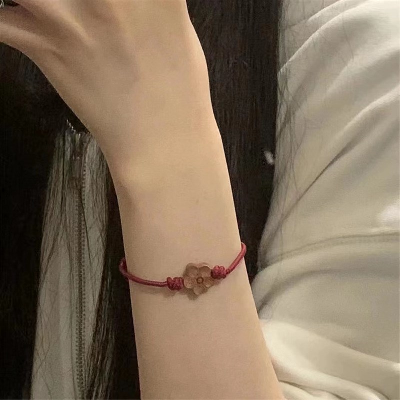 夏季桃木小花手绳女手工编织桃花本命年红绳闺蜜网红礼物手链女