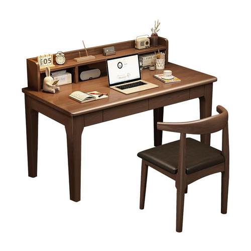 实木书桌学生家用带书架一体写字台书房简易电脑桌卧室床边学习桌