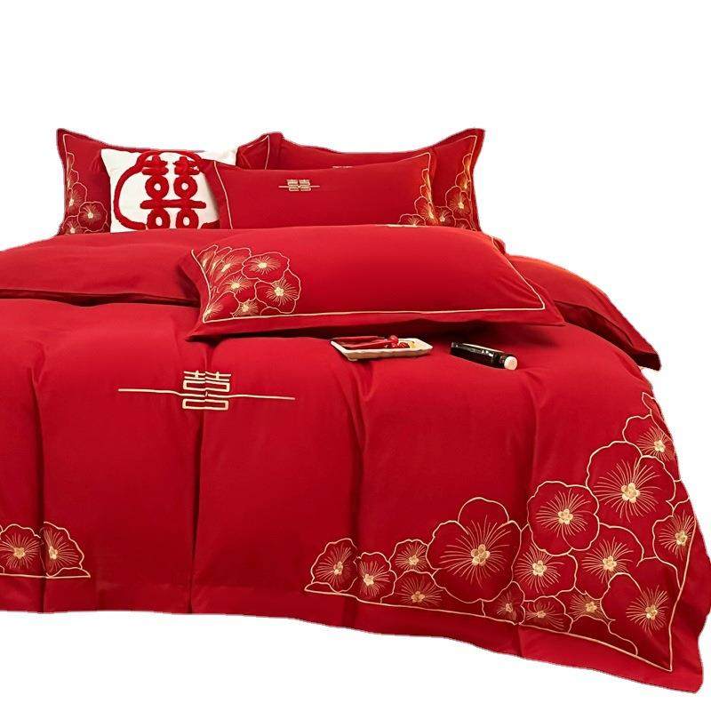 2新款简约婚庆磨毛刺绣大红色结婚四件套