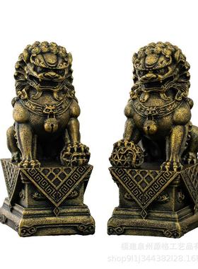 国潮中式青砂石石狮一对摆件鱼缸造景瑞兽桌面家居客厅装饰品手工