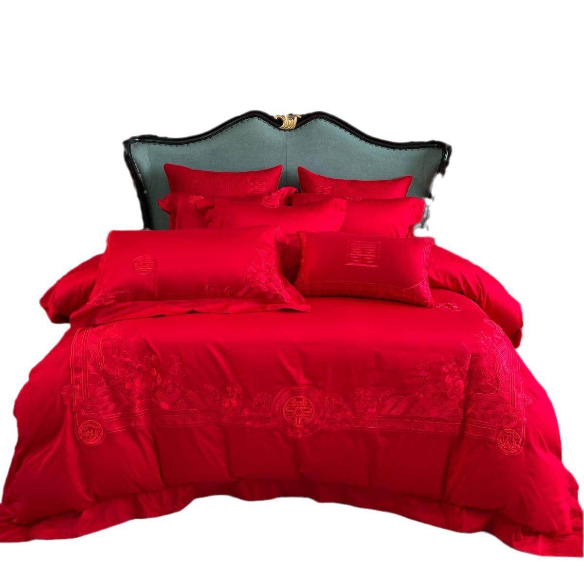 H1190大红色四件套陪婚上家纺长绒棉花卉刺绣纯色十庆件套结婚床,床上用品,婚庆床品套件,淘宝优惠券,粉丝福利购,淘宝优惠卷
