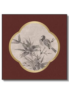 新中式装国饰画卧室床头不规则挂画色花鸟红YZ202305图墨中风背水