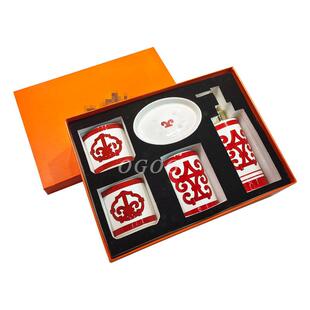 中架国红骨瓷卫浴套装肥皂盒五口杯牙刷漱乳液瓶QQM件套组合