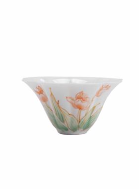 白瓷手绘郁金香瓷杯喝玉泥—郁茶杯工薄胎手主人杯家用陶单茶杯品