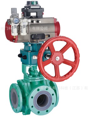 Q644 45F46气动手动一体带手轮钢衬四氟三通换向法兰球阀