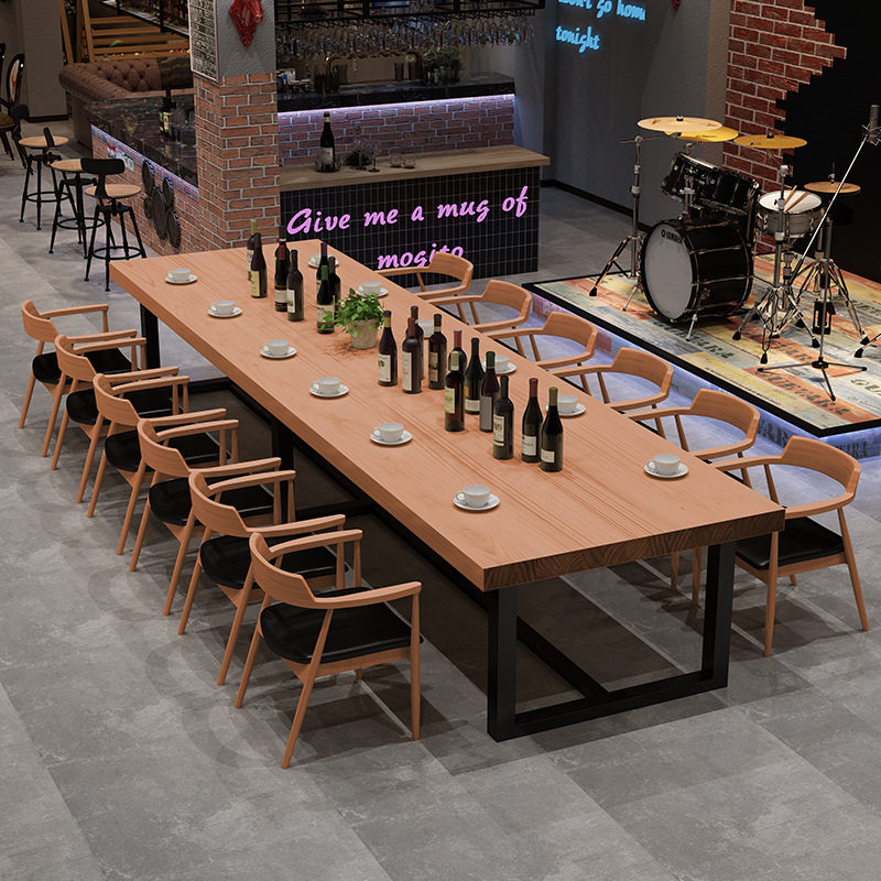 工业风长方形铁艺实木大餐桌复古餐厅木质餐桌椅组合酒吧实木餐桌