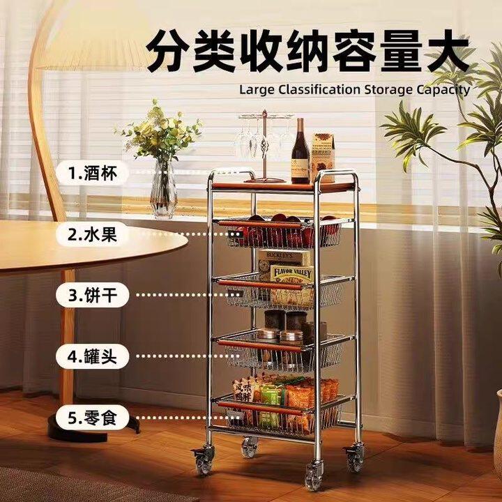 实木中古小推车客厅零食置物架落地移动厨房收纳多功能家用餐边柜