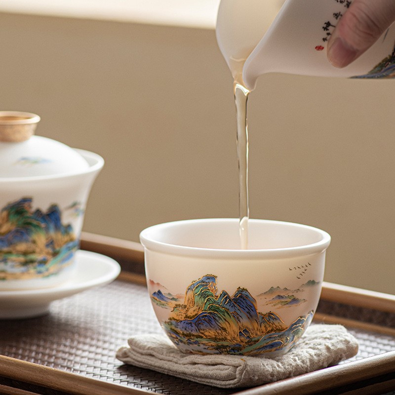 千里江山主人杯堆金荷花高档白瓷茶杯素烧羊脂玉瓷品茗杯单杯茶盏