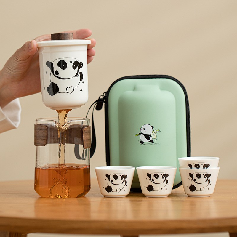 随手礼熊猫快客杯一壶四杯创意功夫夏季户外旅行茶具套装旅游纪念